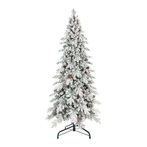 9 FT Snow-Kissed Flocked Christmas Tree: 2138 PE/PVC Tips, 52 Pine Cones, Hinged Branches, Metal Stand. Realistic Snowy White & Green Slim Design for Cozy Home & Apartment Holiday Decor.