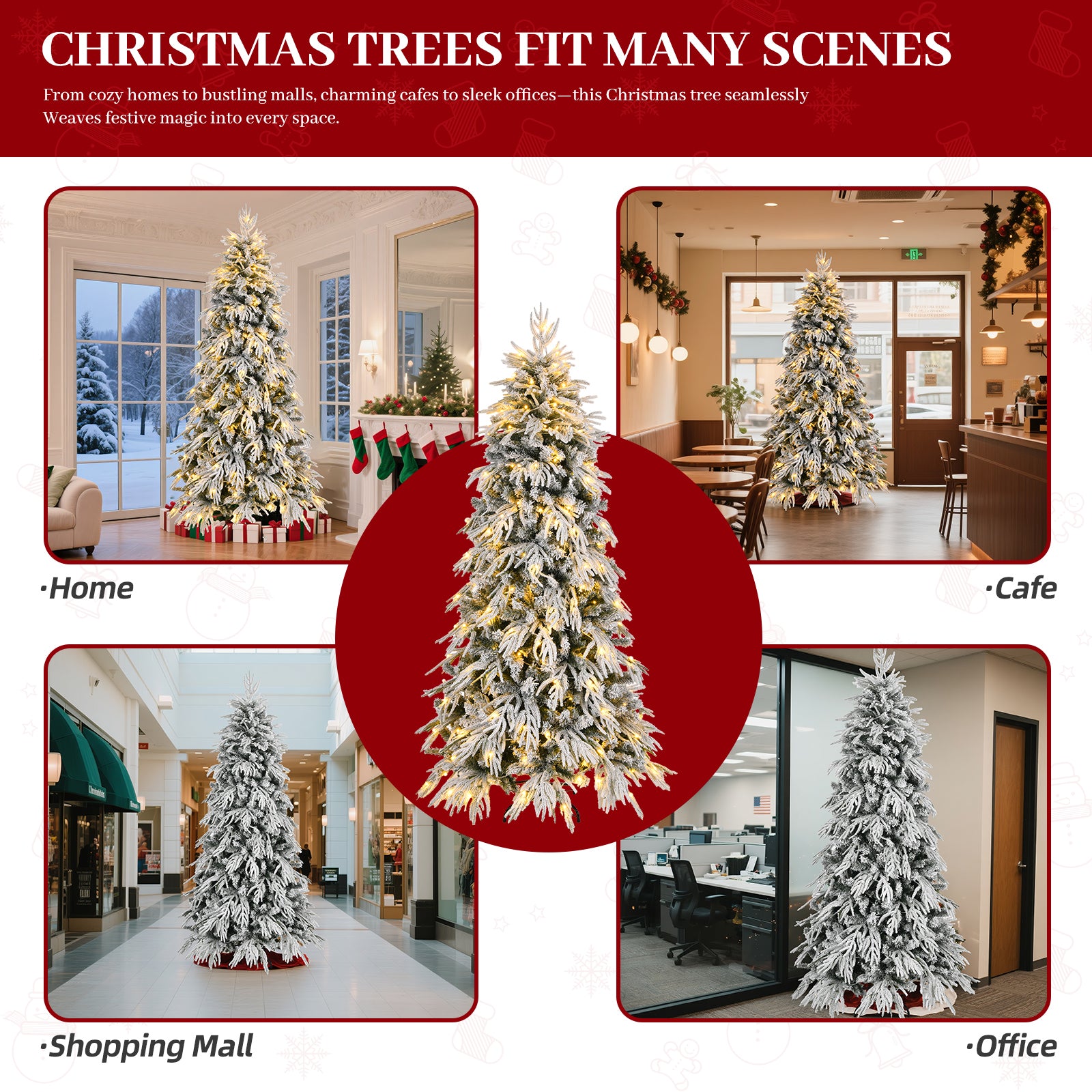 8ft Slim Flocked Noble Christmas Tree - Pre-lit Warm White LED, 950 PE/PVC Tips, Realistic Snow Design, Easy Assembly for Home Corners & Narrow Spaces