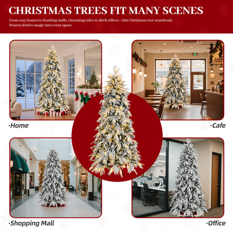 7ft Slim Flocked Noble Christmas Tree, Pre-lit with 250 Warm White LEDs &amp; 767 Realistic PE/PVC Tips, White Pencil Artificial Tree for Small Spaces, Corners &amp; Apartments, Easy Assembly Home Decor