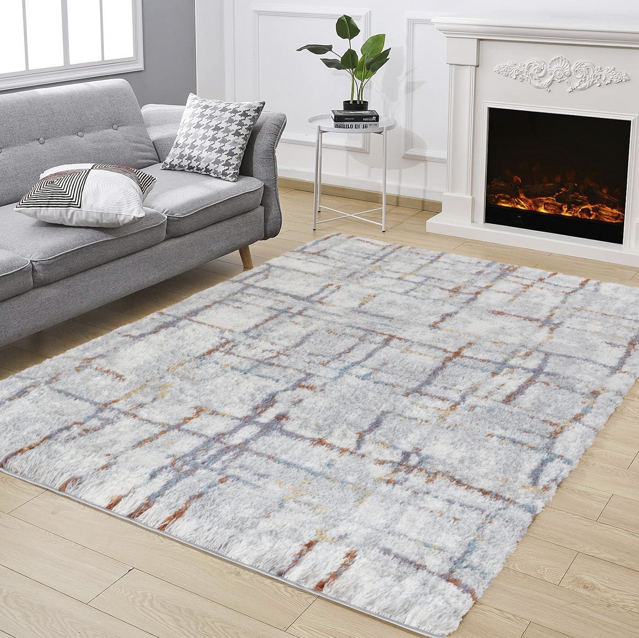 Luxury Ivory Shag Area Rug - 7'10" x 9'10" Polyester, 1.18" Pile, Stain-Resistant, Durable for Living Room, Bedroom, High-Traffic Areas, Made in Turkey