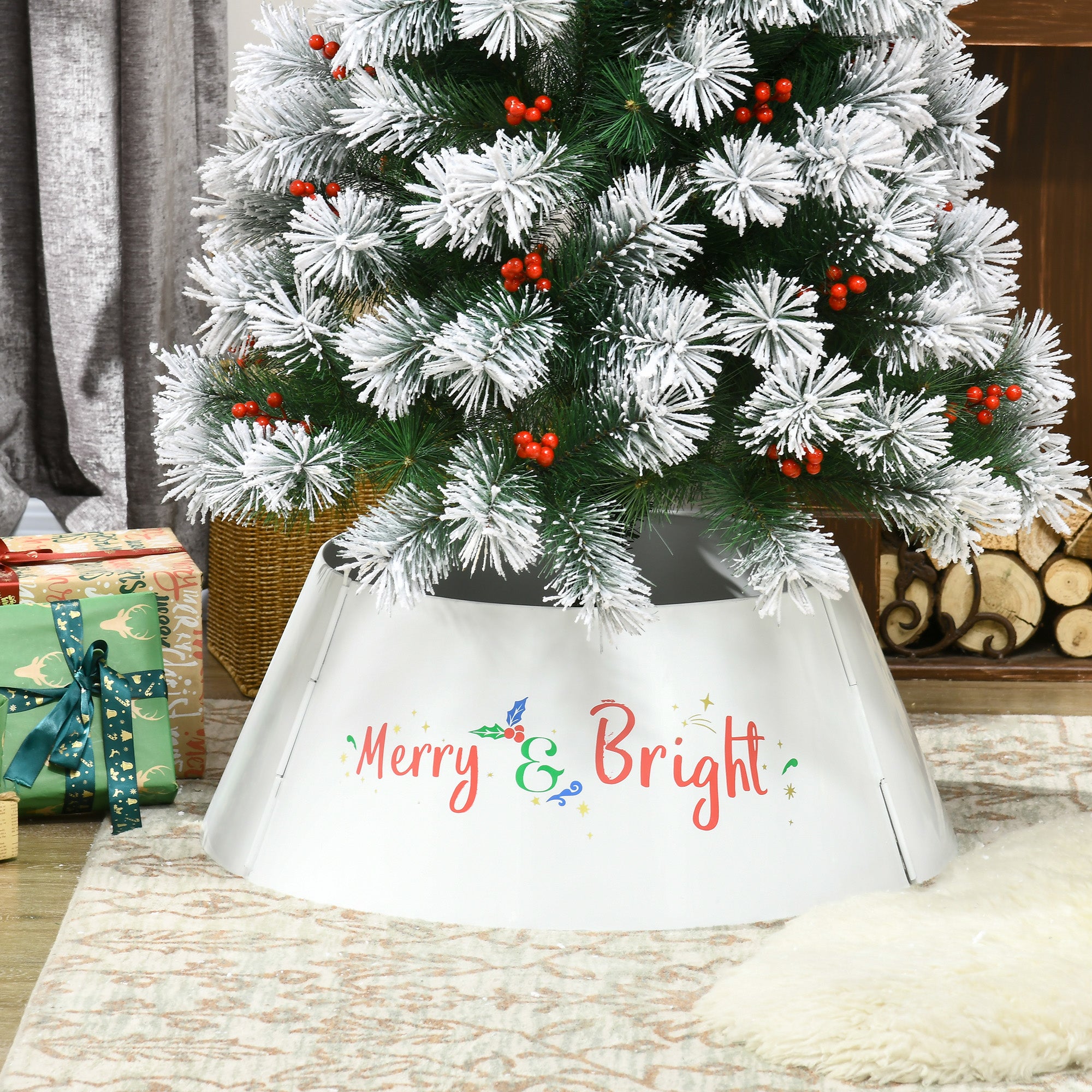HOMCOM 26" White Metal Christmas Tree Collar Ring, Sturdy Stand Cover for Holiday Decor, Easy Setup, Protects Pets, Fits 7.5ft Trees