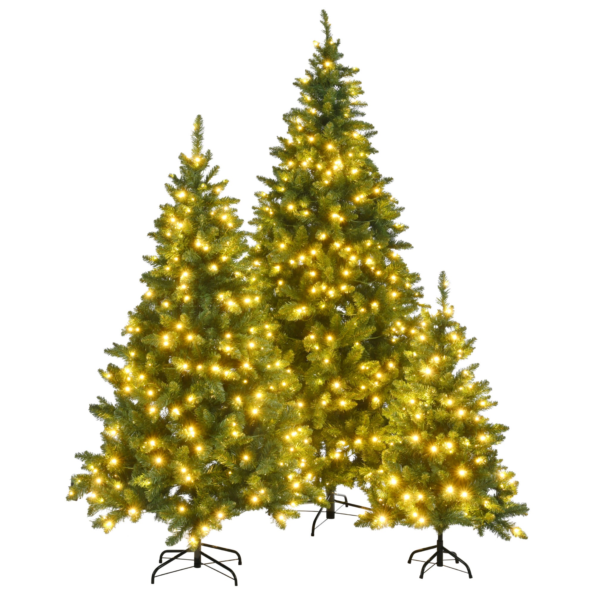 Set of 3 Pre-Lit Green Pine Artificial Christmas Trees (4ft, 6ft, 8ft) with 820 Warm Yellow LED Lights & 2539 Realistic Branch Tips - Hinged Xmas Tree Decor for Home, Office, Party