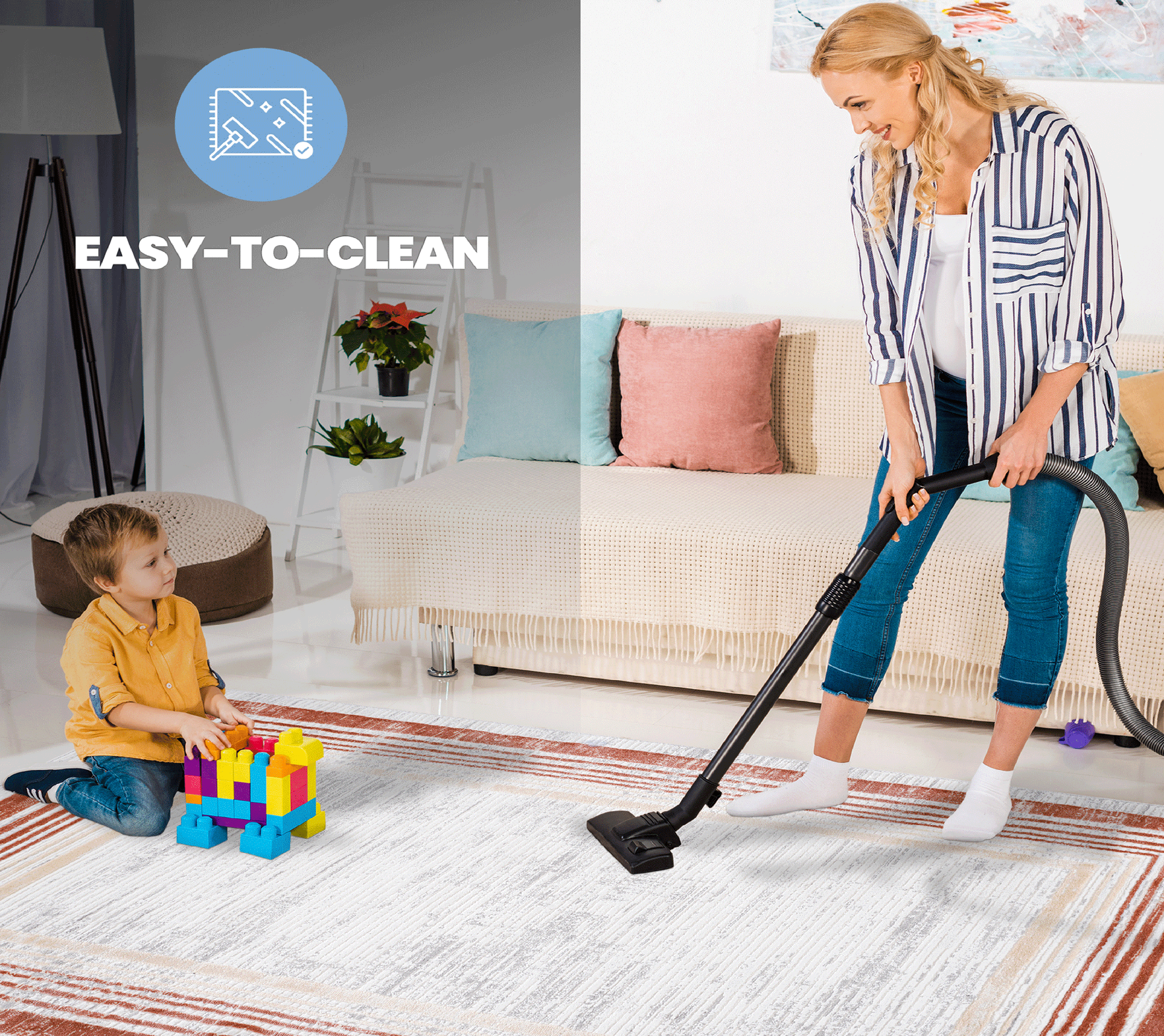 MARFI Collection 6'x9' Brown/Ivory Bordered Area Rug - Stain-Resistant, Non-Shedding Polyester for Living Room, Bedroom, Entryway, Office - Durable, Easy Care, Medium Pile, Latex-Free Cotton Backing