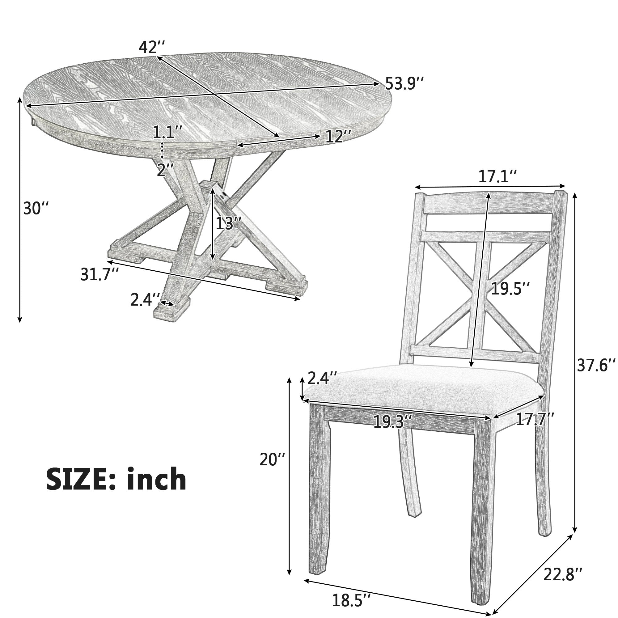 TREXM 5-Piece Extendable Round Dining Table Set for 4 - Vintage Grey Rubberwood & Linen Upholstered Chairs - 42"-54" Oval/Round Table for Kitchen, Dining Room, Living Room