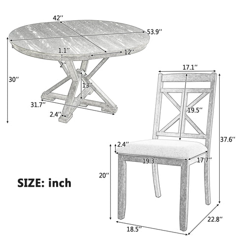 TREXM 5-Piece Extendable Round Dining Table Set for 4 - Vintage Grey Rubberwood & Linen Upholstered Chairs - 42"-54" Oval/Round Table for Kitchen, Dining Room, Living Room