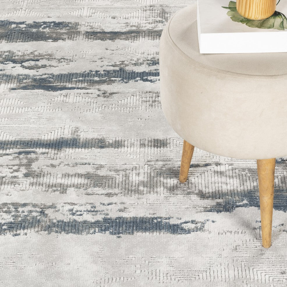 Geometrix GC_DIM1011 7'10" x 10'6" Abstract Ivory &amp; Gray Modern Polyester Area Rug - 3D Sculpted Pile, Stain Resistant, Made in Turkey, Low Pile for Entryways &amp; Living Rooms