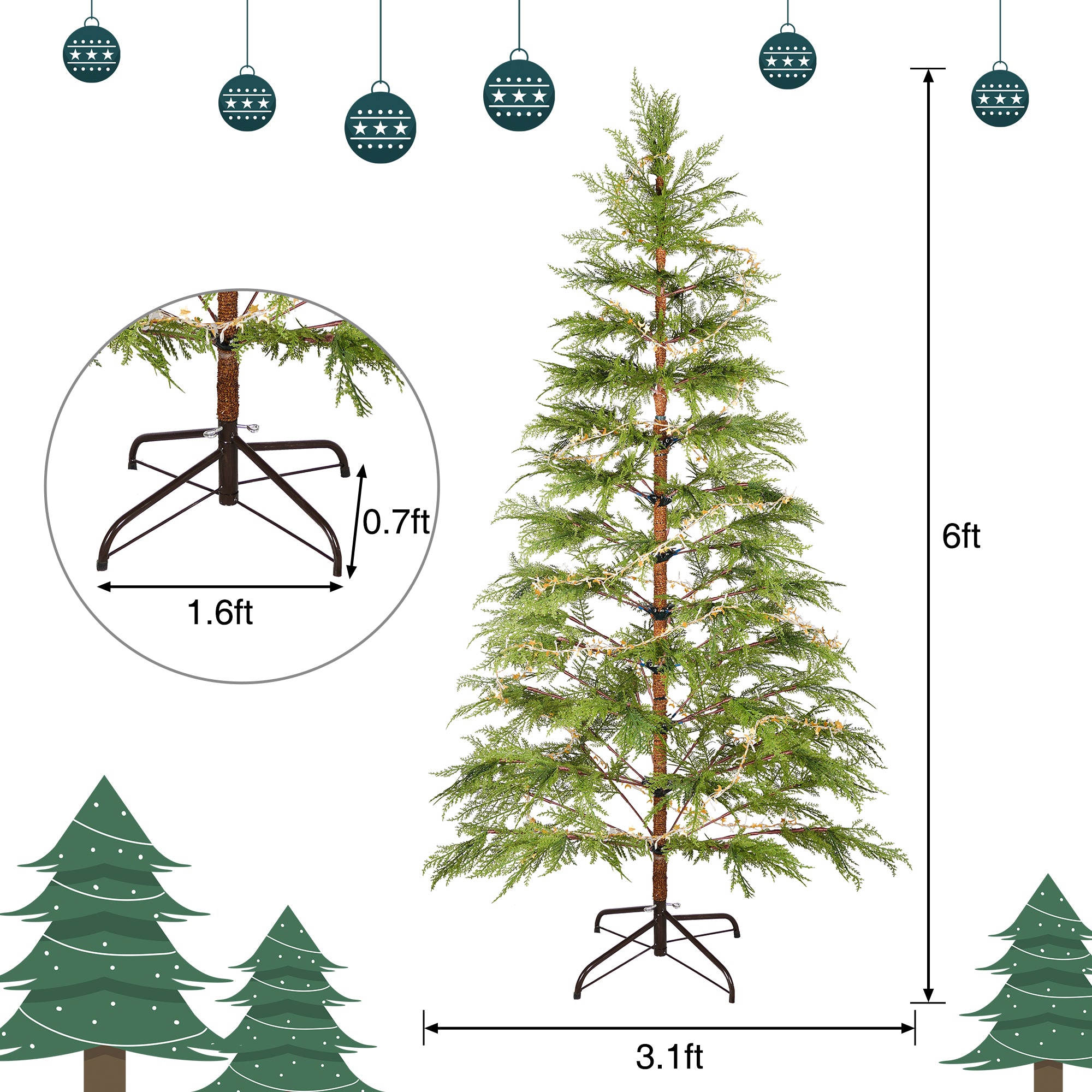 6 Ft Artificial Christmas Tree with LED Star & Moon Lights, 612 Realistic PE Tips, Hinged Green Pine, Sturdy Metal Stand for Indoor Holiday Decor