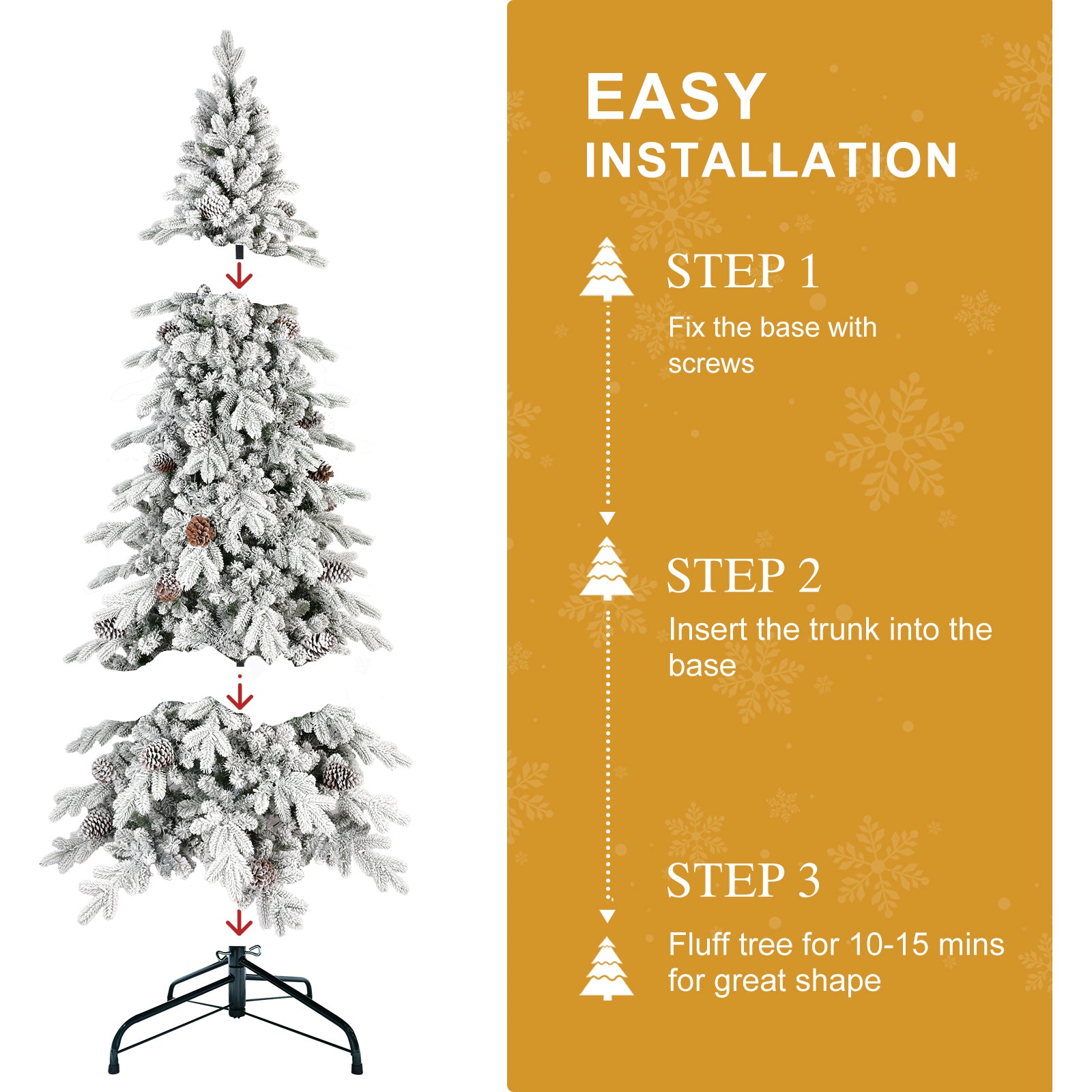8ft Snowy Flocked Christmas Tree | 1634 PE/PVC Tips, 44 Pine Cones | Slim, Space-Saving Design | Hinged Branches, Metal Stand | Realistic Winter Decor for Home, Apartments, Entryways | White &amp; Green