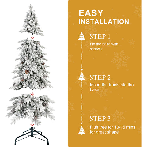 7.5 FT Flocked Christmas Tree: Snowy PE/PVC w/ 1424 Tips & 40 Pine Cones. Slim, Hinged Design for Small Spaces, Stable Metal Stand. Realistic Winter White & Green Holiday Decor.