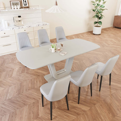 Expandable 62.99"-78.74" Dining Table Set for 2-8, Gray MDF &amp; PU Fabric, 6 Padded Chairs with U-Legs for Kitchen, Dining Room, Living Room, Modern Farmhouse Style
