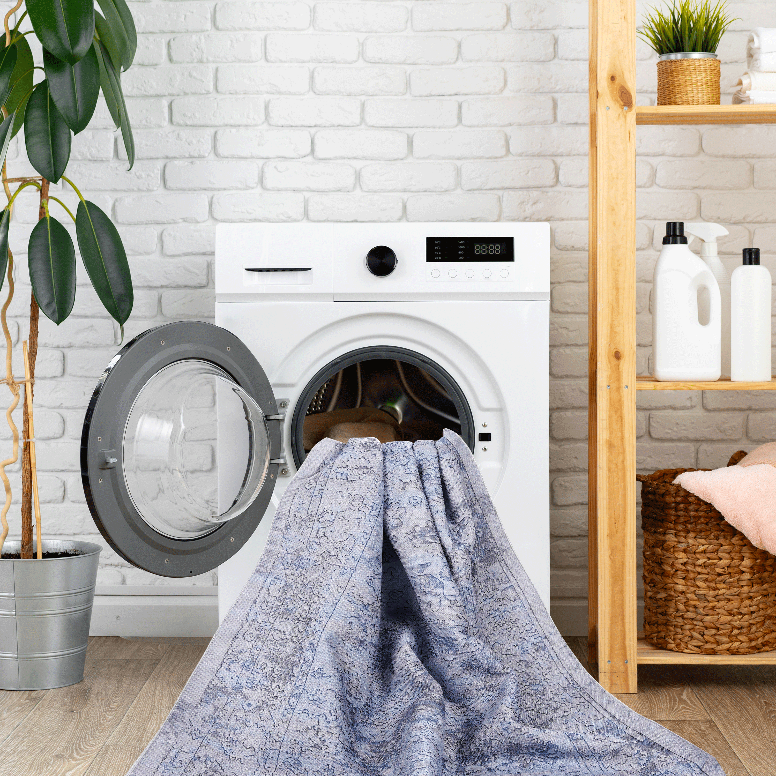 MAVAL Blue Washable Area Rug 9x12 | Soft Chenille Boho Style Rug for Living Room, Bedroom, Hallway | Stain-Resistant, Non-Slip, Low Pile | Easy Clean, Pet Friendly | Blue & Cream