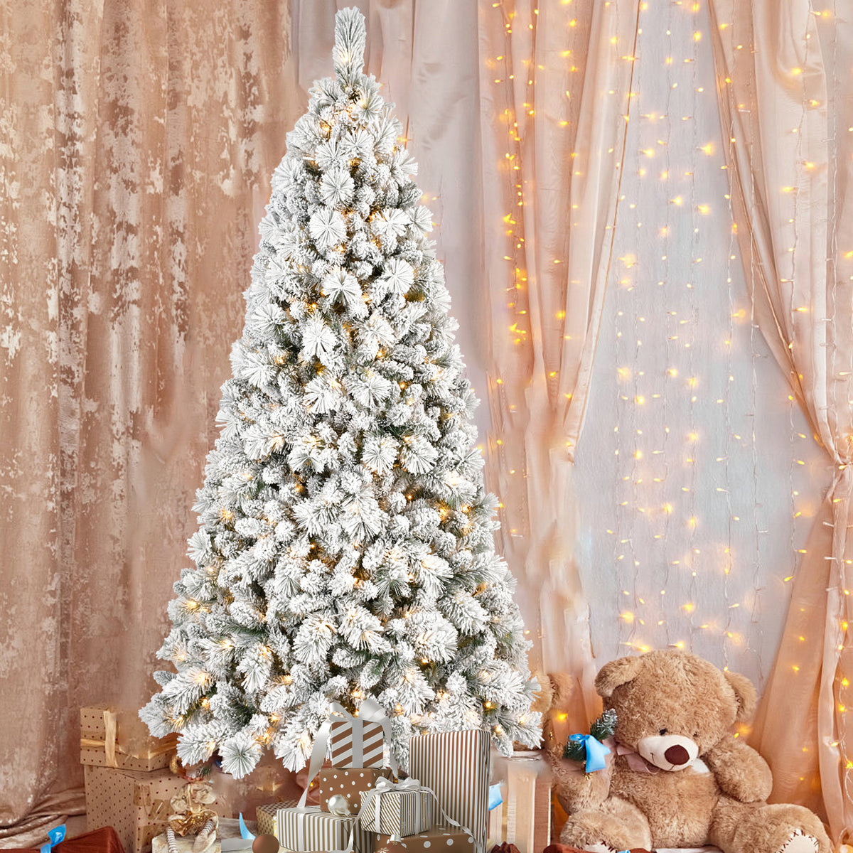 8FT Snowy Flocked Christmas Tree with 600 Warm White LEDs - Realistic Full 1445 Tips, Hinged PVC &amp; Hard Needle Branches, Sturdy Metal Stand for Indoor Holiday Home Decor