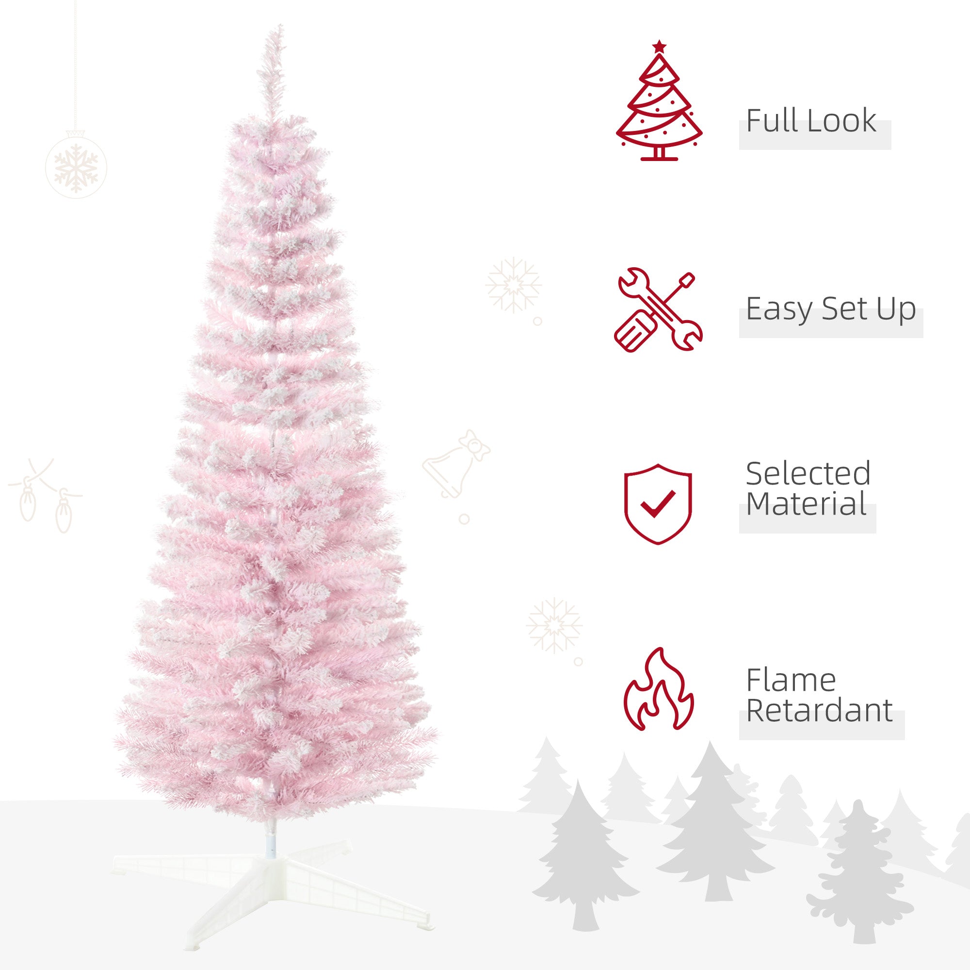 HOMCOM 5' Pink Snow Flocked Pencil Christmas Tree - Slim, Realistic Artificial Xmas Tree with Flame-Retardant Plastic Base for Indoor Holiday Decoration