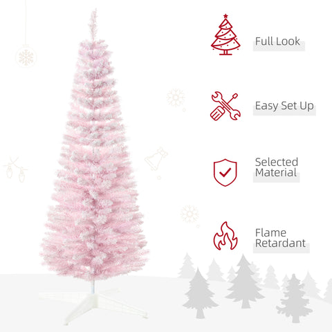 HOMCOM 5' Pink Snow Flocked Pencil Christmas Tree - Slim, Realistic Artificial Xmas Tree with Flame-Retardant Plastic Base for Indoor Holiday Decoration