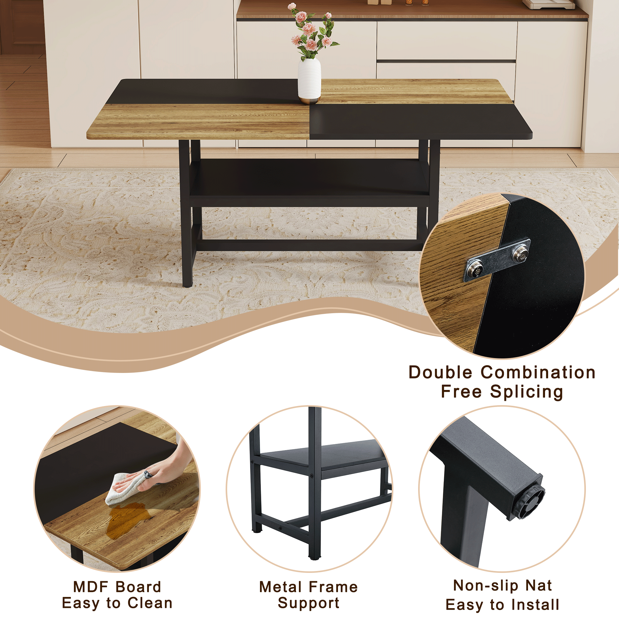 71" Wooden & Black Spliced Dining Table Set with Storage, Seats 6, Paired with Light Gray Linen-Cotton Chairs - Perfect for Kitchen, Dining Room, Home Gatherings