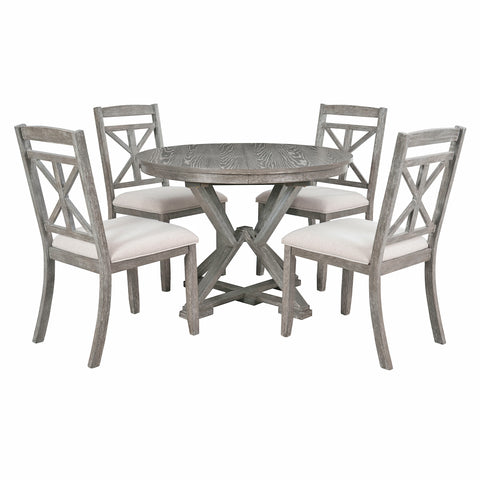 TREXM 5-Piece Extendable Round Dining Table Set for 4 - Vintage Grey Rubberwood & Linen Upholstered Chairs - 42"-54" Oval/Round Table for Kitchen, Dining Room, Living Room