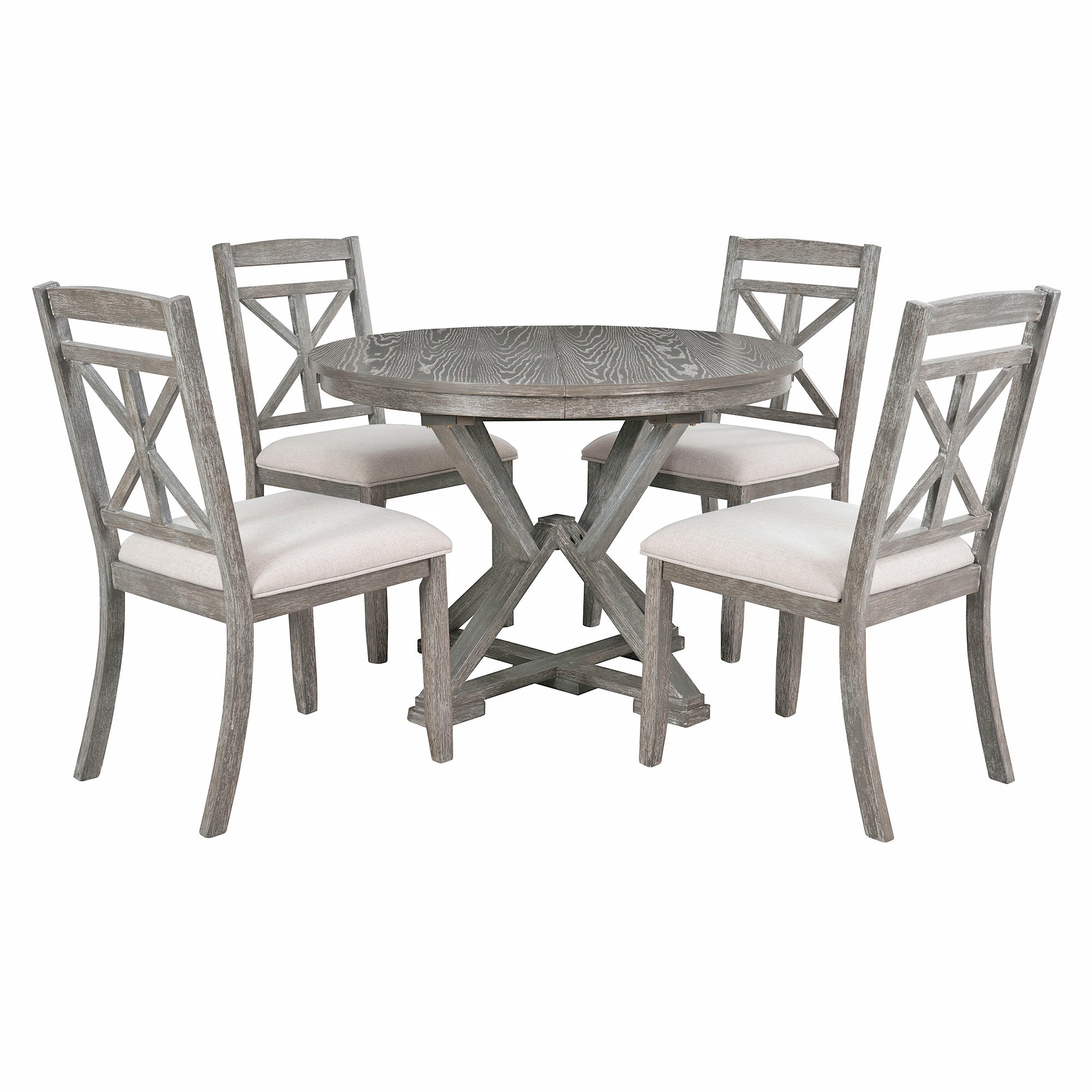 TREXM 5-Piece Extendable Round Dining Table Set for 4 - Vintage Grey Rubberwood & Linen Upholstered Chairs - 42"-54" Oval/Round Table for Kitchen, Dining Room, Living Room