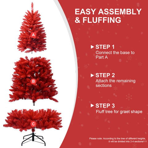 7FT All-Red PVC Christmas Tree | 1066 Lush Tips, Hinged Branches for Easy Setup | Stable Metal Stand | Bold Holiday Decor for Living Room &amp; Party