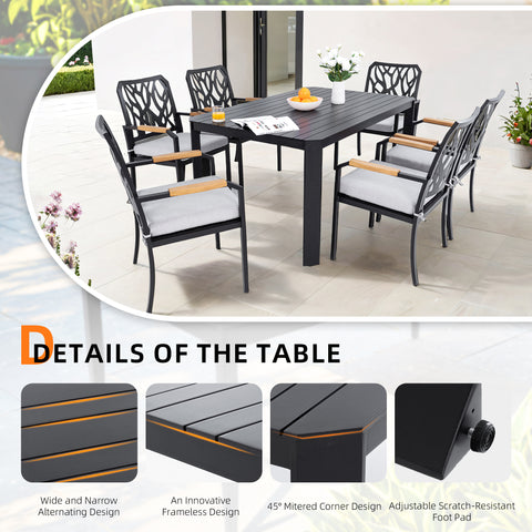 7PC Aluminum Patio Dining Set: Modern Bourbon Brown 6-Seat Outdoor Furniture with Sunbrella Cushions, Nature-Inspired Backrest & Umbrella Hole Table for Garden & Leisure