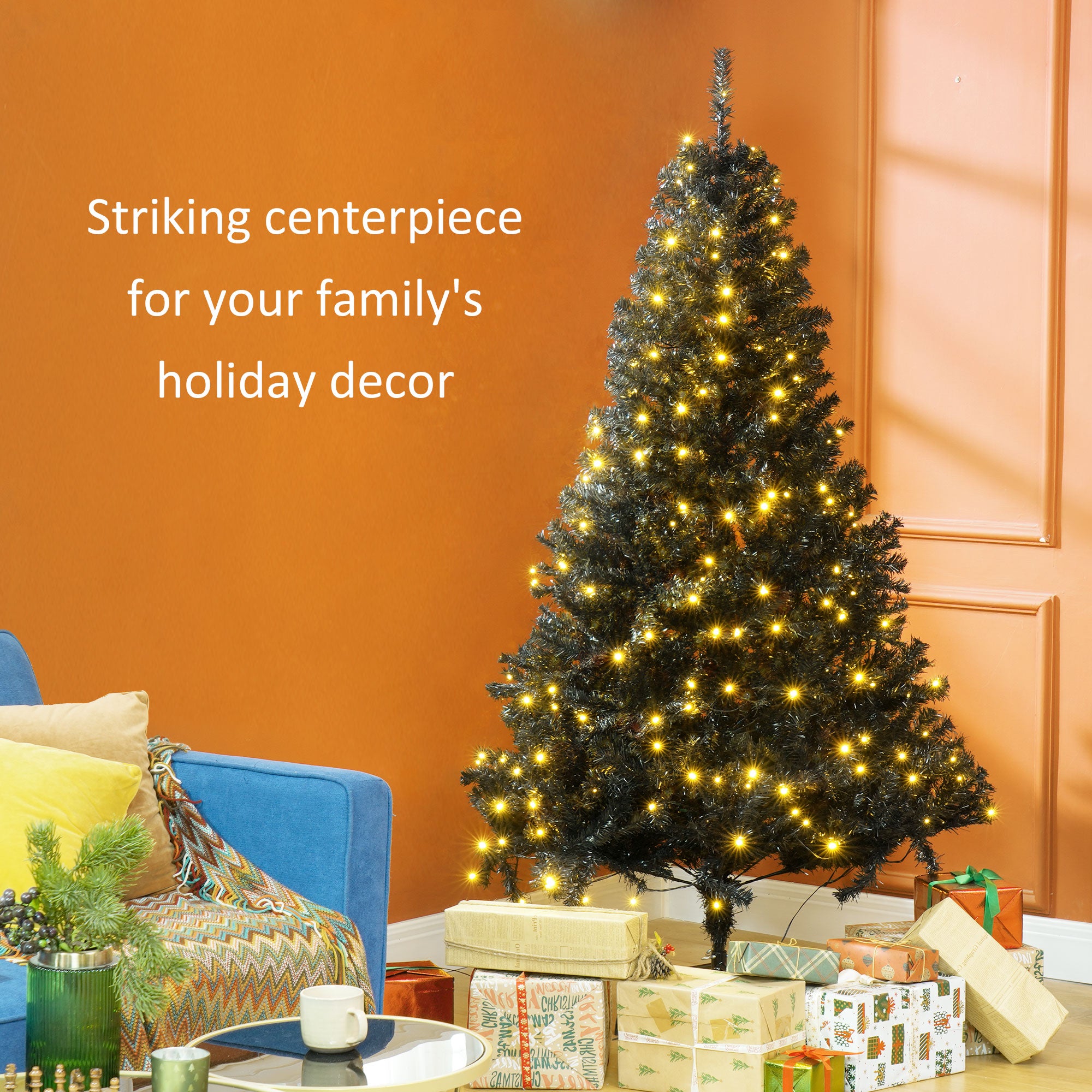 HOMCOM 6ft Black Douglas Fir Artificial Christmas Tree | 1000 Tips, 250 Warm White LED Lights | Realistic Plastic Branches, Sturdy Metal Base | Indoor Holiday Decor