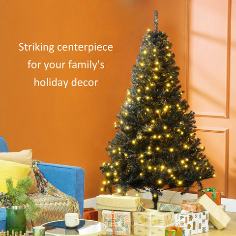 HOMCOM 6ft Black Douglas Fir Artificial Christmas Tree | 1000 Tips, 250 Warm White LED Lights | Realistic Plastic Branches, Sturdy Metal Base | Indoor Holiday Decor