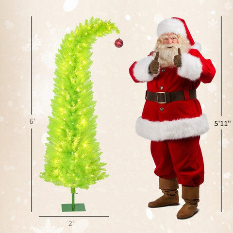72 Inch Whimsical Pencil Christmas Tree - Prelit Green Xmas Tree with 230 Warm White LEDs, Red Ball Top, 555 Tips, Metal Base for Indoor Holiday Decor