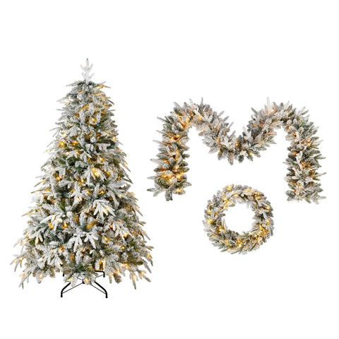Snow Flocked Christmas Wreath, Garland & 6ft Tree 3-Pack Decor Set | Warm White LED Lights | 900-Tip PVC/PE Tree | Indoor/Covered Outdoor Use | Festive Winter Wonderland Ambiance