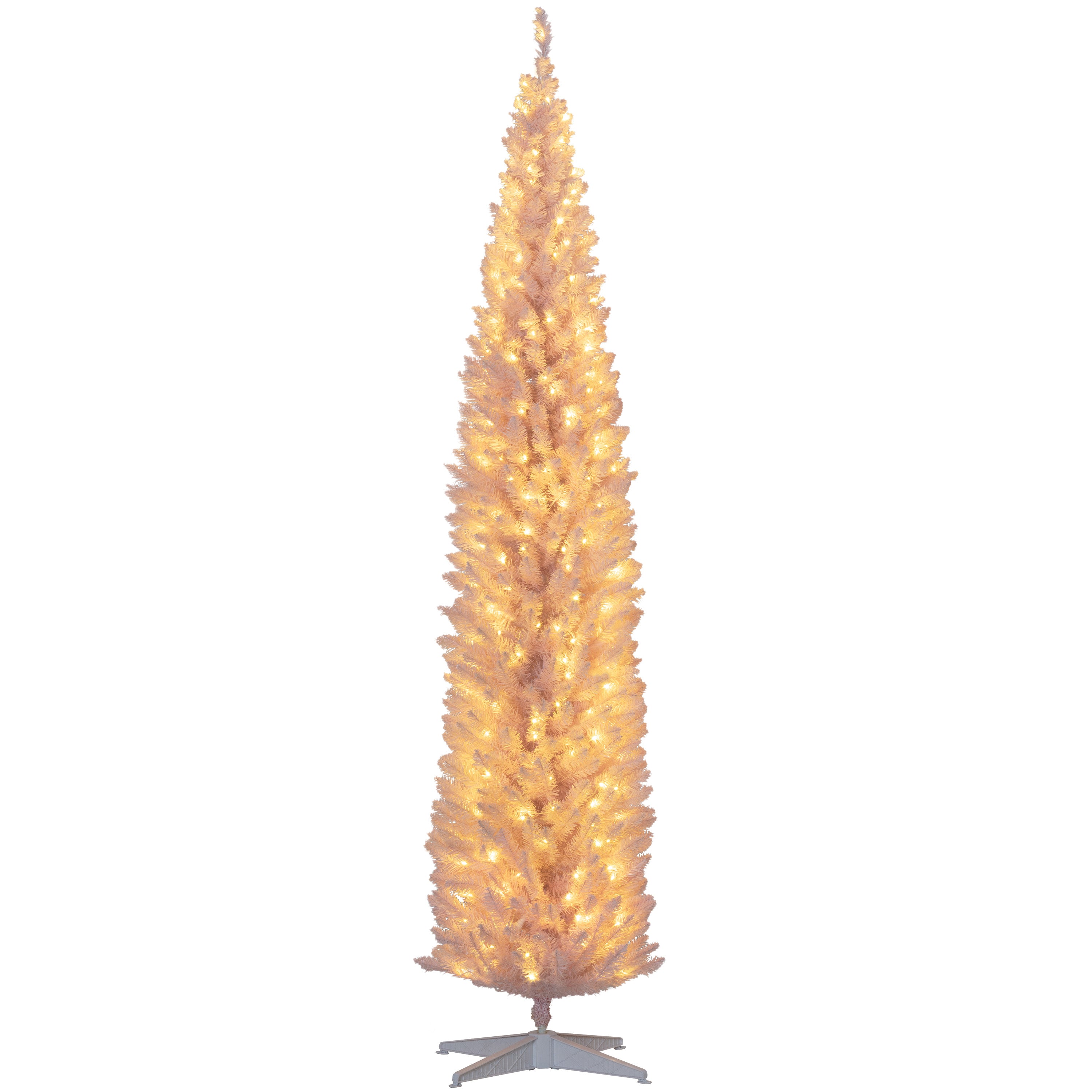 HOMCOM 8' Slim Pink Noble Fir Artificial Christmas Tree: 618 Tips, 300 Warm White LEDs, Flame-Retardant Plastic, Perfect for Home &amp; Fireplace Decor