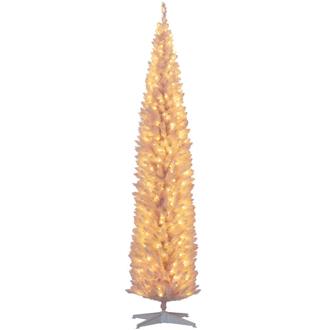 HOMCOM 8' Slim Pink Noble Fir Artificial Christmas Tree: 618 Tips, 300 Warm White LEDs, Flame-Retardant Plastic, Perfect for Home &amp; Fireplace Decor