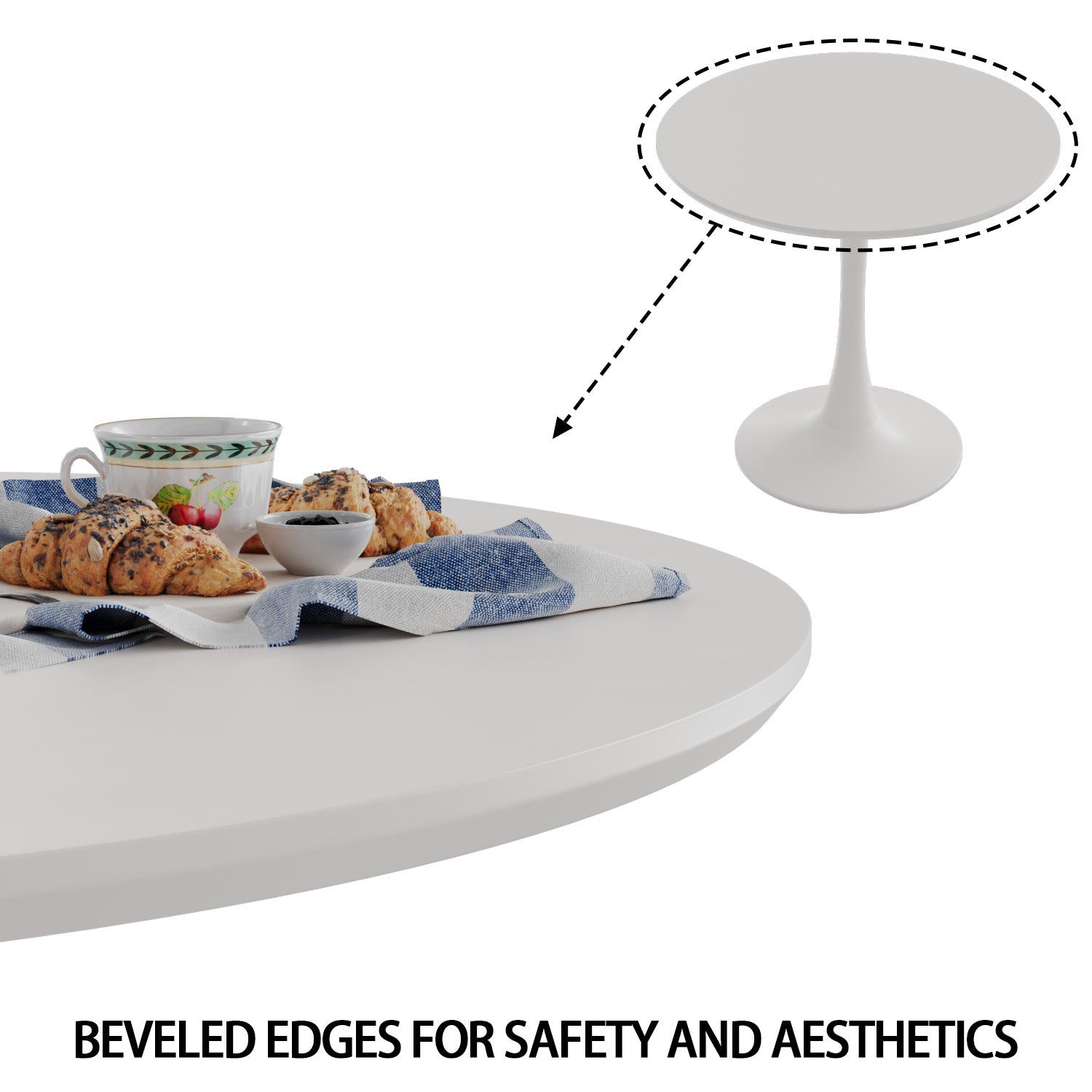 31.5" White Round Tulip Dining Table Set for 2-4 People, MDF Top & Base with 2 White PU Leather Metal Leg Chairs, Modern Kitchen & Small Space Furniture