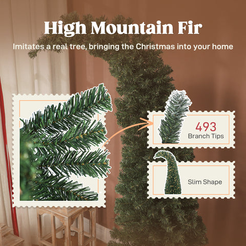 6ft Slim High Mountain Fir Christmas Tree | Whimsical Bent Top Design | 200 Warm White LEDs, 8 Modes | 493 Tips | Metal Stand | Indoor Green Tree