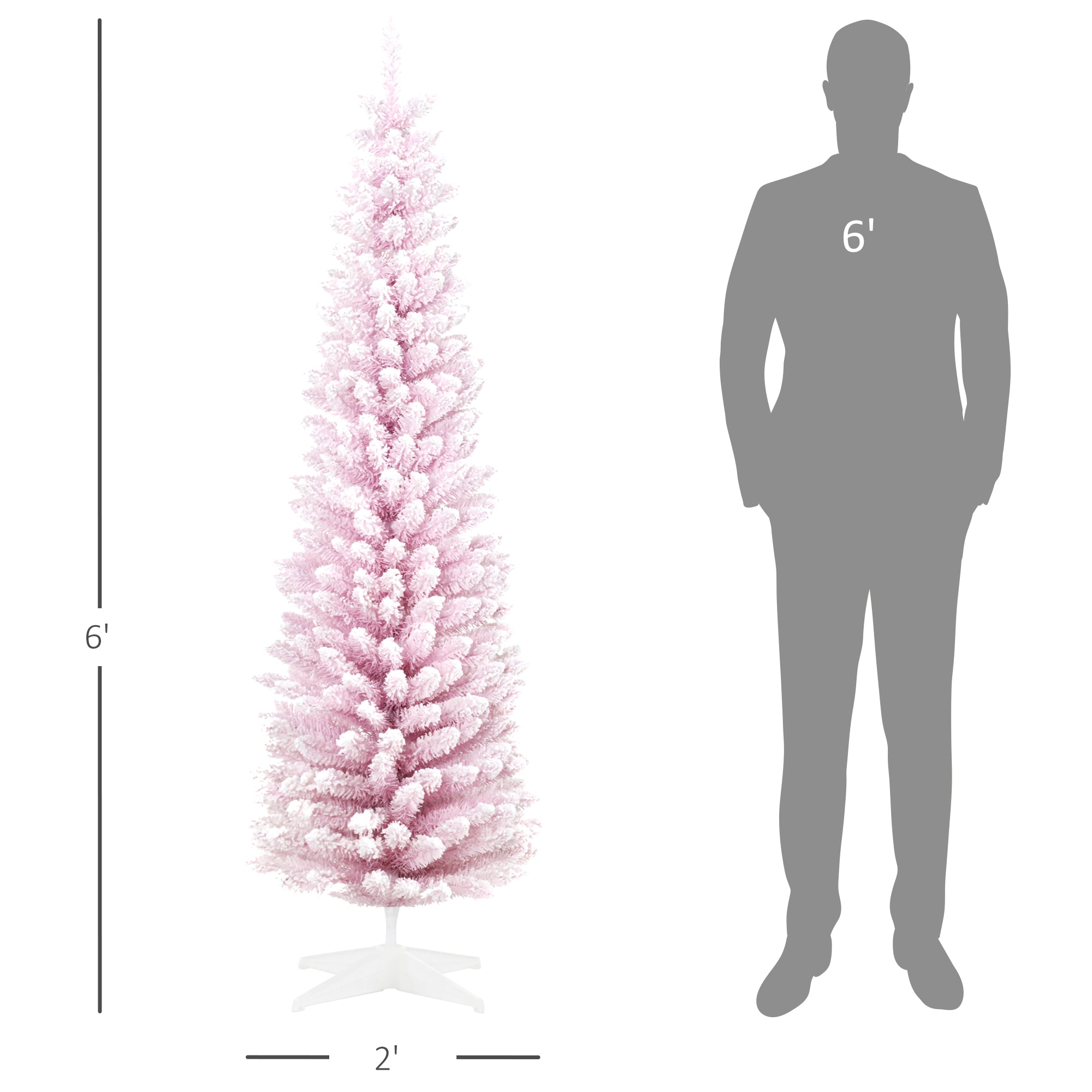 HOMCOM 6ft Pink Snow Flocked Artificial Pencil Christmas Tree - Slim, Realistic Plastic Branches, Flame-Retardant, Easy Assembly &amp; Storage for Festive Indoor Decor