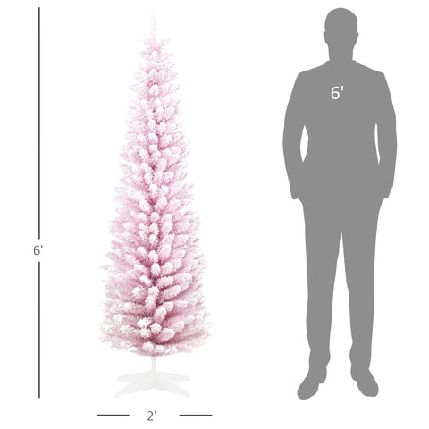 HOMCOM 6ft Pink Snow Flocked Artificial Pencil Christmas Tree - Slim, Realistic Plastic Branches, Flame-Retardant, Easy Assembly &amp; Storage for Festive Indoor Decor