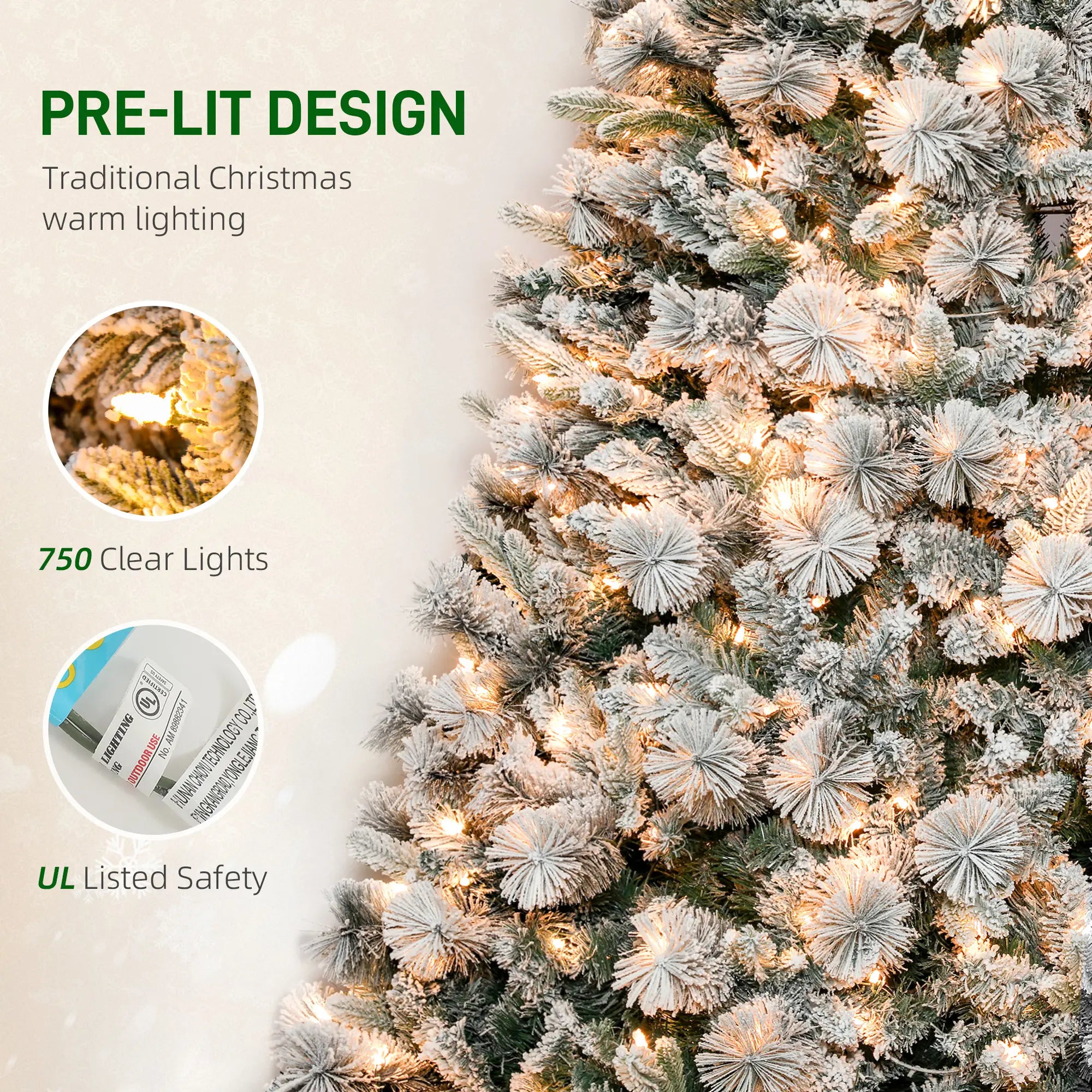 9ft Flocked Fir Christmas Tree with 750 Warm White Clear Lights - Realistic Snow-Dusted Artificial Tree for Cozy Indoor Holiday Home &amp; Office Decor