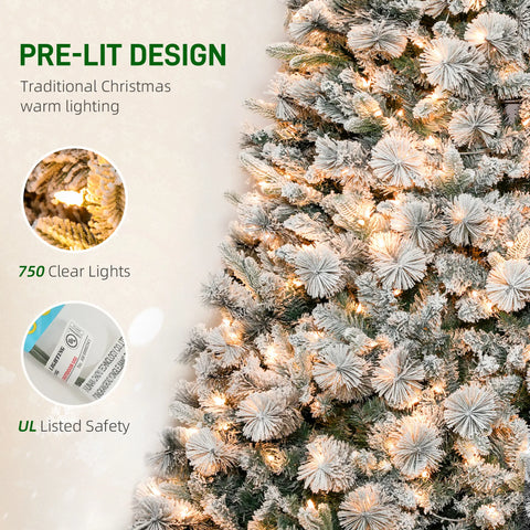9ft Flocked Fir Christmas Tree with 750 Warm White Clear Lights - Realistic Snow-Dusted Artificial Tree for Cozy Indoor Holiday Home &amp; Office Decor