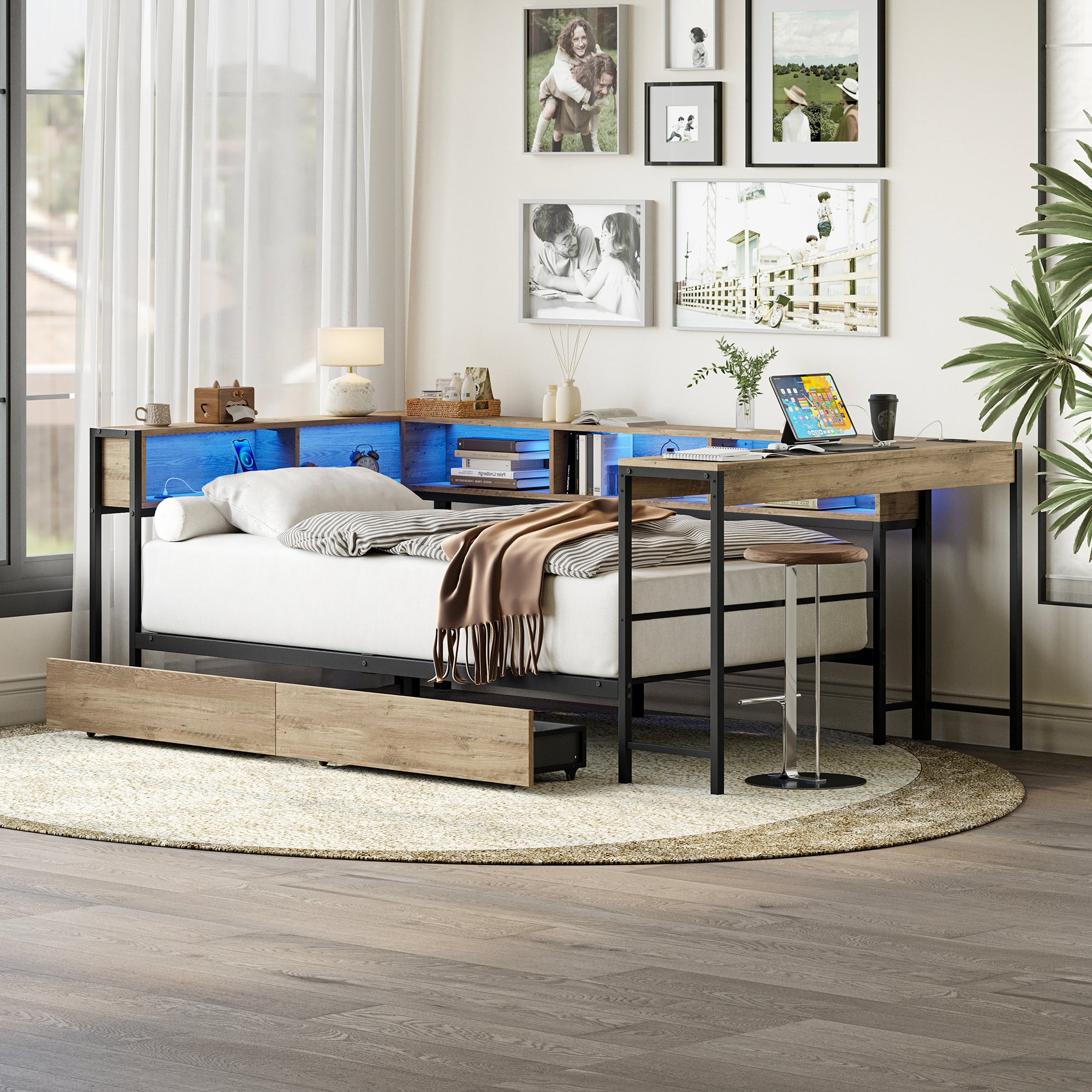 Corner Bed Frame Full Size with Bookcase and 2 Underbed Storage Drawers, Modern Full Bed with LED Light and Charging Station, Modern Daybed Reversible Left or Right, Grey