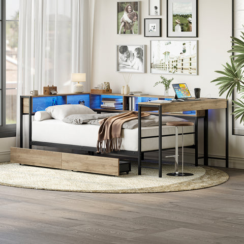 Corner Bed Frame Full Size with Bookcase and 2 Underbed Storage Drawers, Modern Full Bed with LED Light and Charging Station, Modern Daybed Reversible Left or Right, Grey