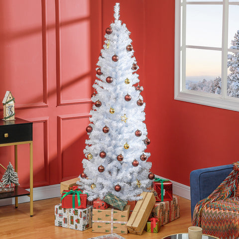 HOMCOM 6ft White Pencil Christmas Tree - Unlit Slim Artificial Douglas Fir with 618 Realistic Tips, Flame-Retardant Plastic, Easy Assembly & Storage for Festive Home Decor