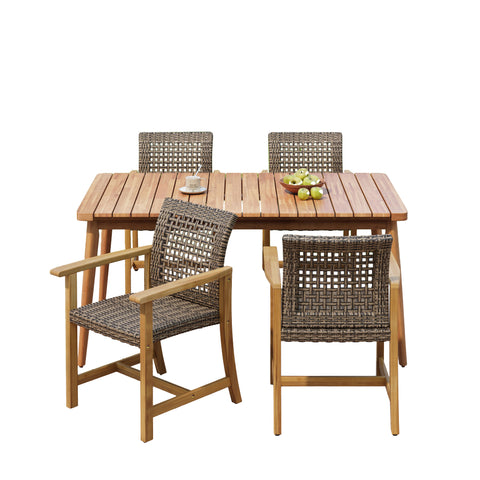 5-Piece Outdoor Patio Dining Set: 63" Acacia Wood Slatted Table & 4 Mix Mocha PE Rattan Chairs with Teak Wood Frames – Durable, Stylish & Easy Assembly for Garden & Backyard Gatherings