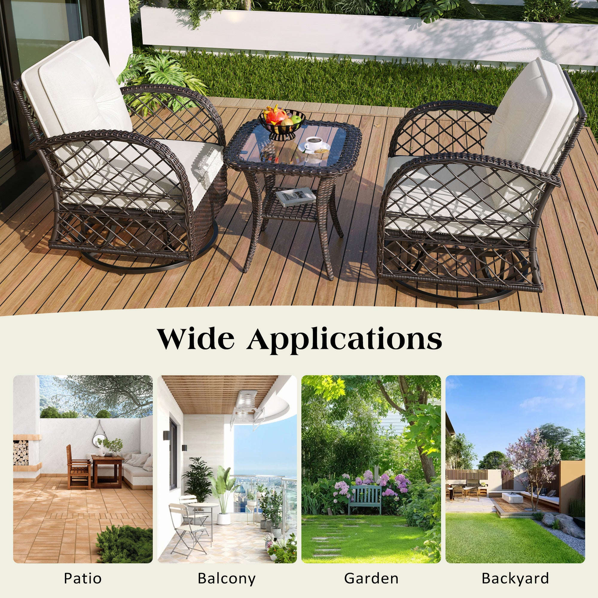 3-Piece Brown Rattan Outdoor Chat Set: 2 Swivel Rocker Chairs &amp; Glass Top Table for Garden Patio Balcony, Weather-Resistant Wicker Seating Group with Cushions