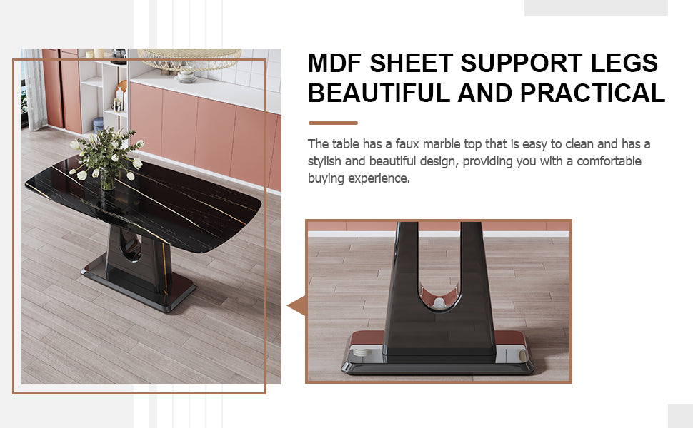 Modern Minimalist Dining Table Set with Imitation Marble Glass Top &amp; U-Bracket Legs - Seats 4-8 - Black &amp; Gold MDF - Perfect for Dining &amp; Living Rooms