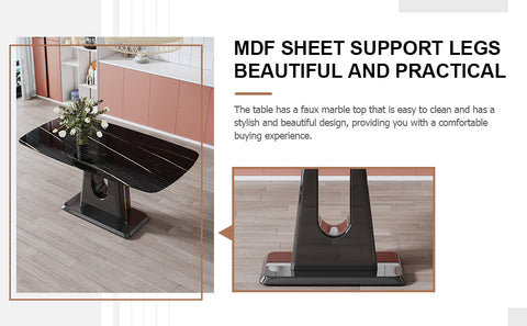 Modern Minimalist Dining Table Set with Imitation Marble Glass Top &amp; U-Bracket Legs - Seats 4-8 - Black &amp; Gold MDF - Perfect for Dining &amp; Living Rooms