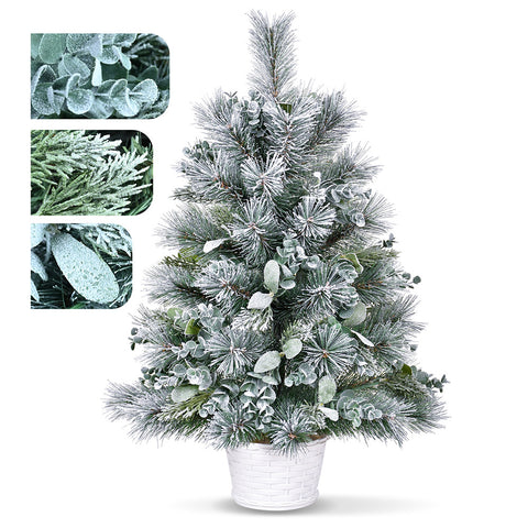 2ft White & Green Tabletop Christmas Tree: 68 Tips, Eucalyptus & Pine Accents, Lightly Flocked PVC with Stable Cement Base - Perfect for Desks, Mantels & Holiday Decor