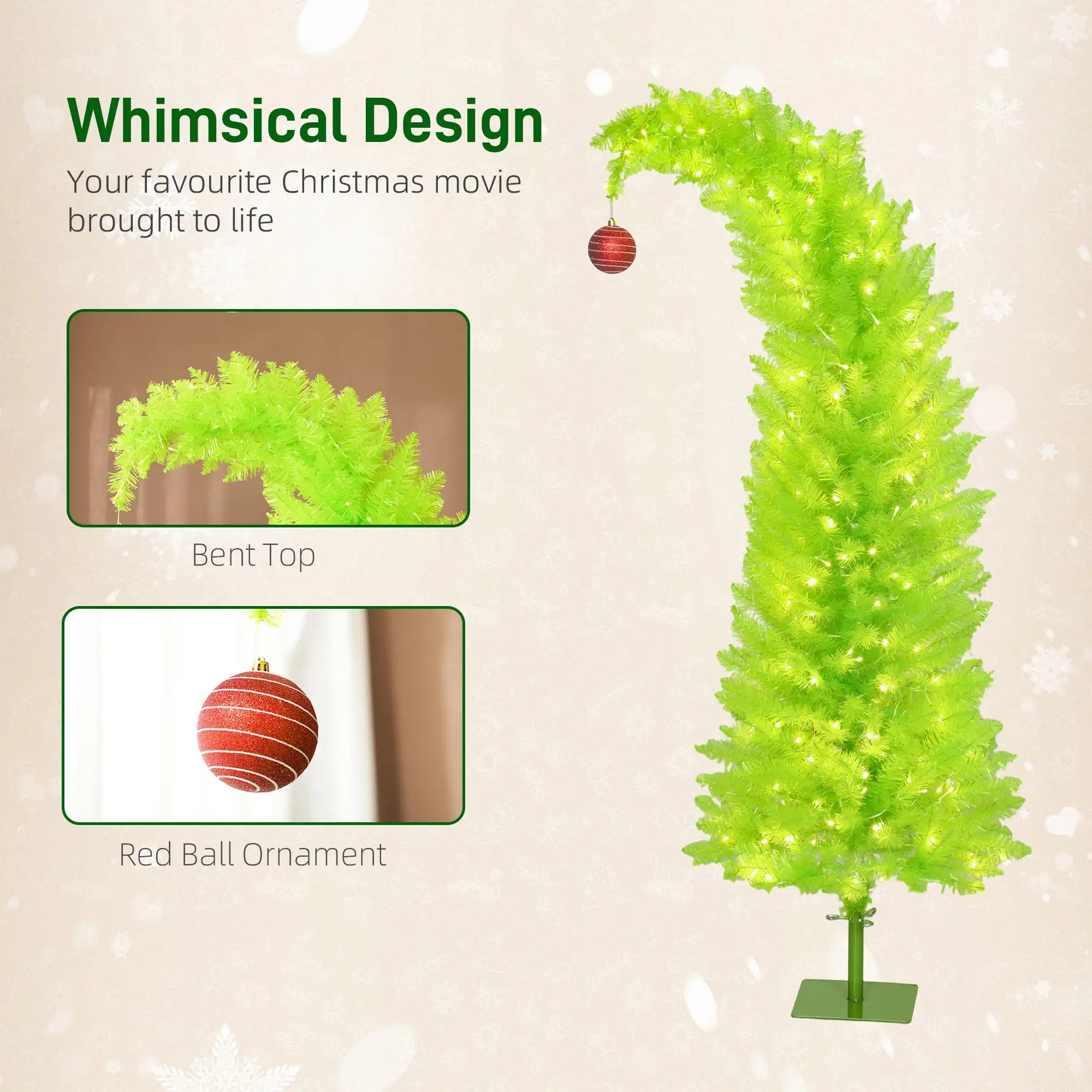 5ft Green Pencil Christmas Tree with Red Ball Top, 200 Warm White LEDs, 438 Tips, Metal Base - Perfect for Small Spaces, Living Rooms, Entryways, Festive Holiday Decor