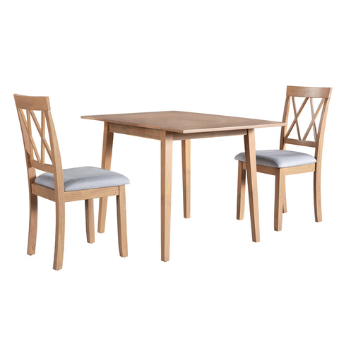 3-Piece Natural Drop Leaf Dining Set: Extendable Kitchen Table & 2 Upholstered Chairs for Small Spaces, Solid Rubberwood & MDF, Modern Farmhouse Style, Compact Dining Room Furniture