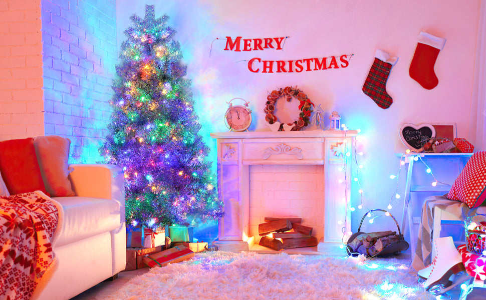 6FT Sliver Pre-Lit Artificial Christmas Tree: Hinged Full PVC Tree with 800 Branch Tips & 300 LED Lights, 11 Modes. Ideal Indoor/Outdoor Holiday Decoration.