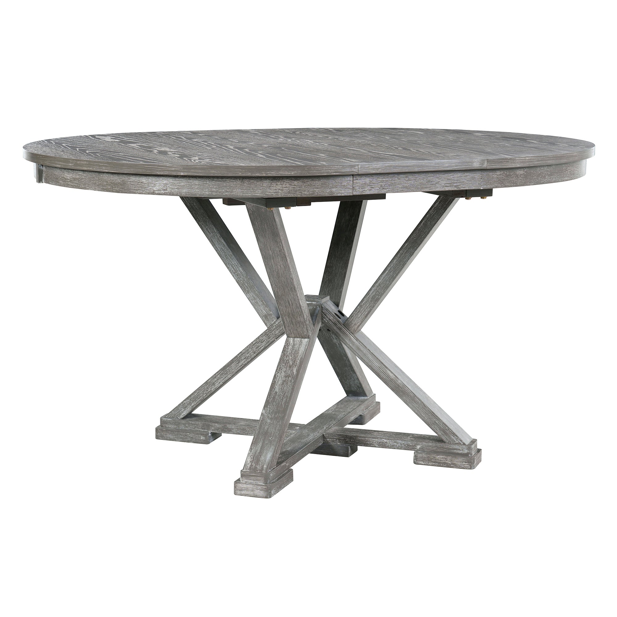 TREXM 5-Piece Extendable Round Dining Table Set for 4 - Vintage Grey Rubberwood & Linen Upholstered Chairs - 42"-54" Oval/Round Table for Kitchen, Dining Room, Living Room