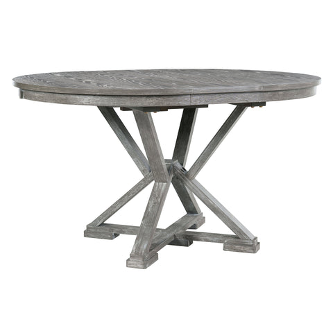 TREXM 5-Piece Extendable Round Dining Table Set for 4 - Vintage Grey Rubberwood & Linen Upholstered Chairs - 42"-54" Oval/Round Table for Kitchen, Dining Room, Living Room