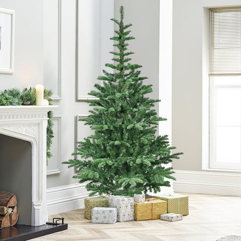 8ft Pre-Lit Artificial Christmas Tree | 1307 PE+PVC Tips, 500 Warm White LEDs | Rustic Wooden Base, Realistic Layered Green Holiday Decor for Home &amp; Indoor Use