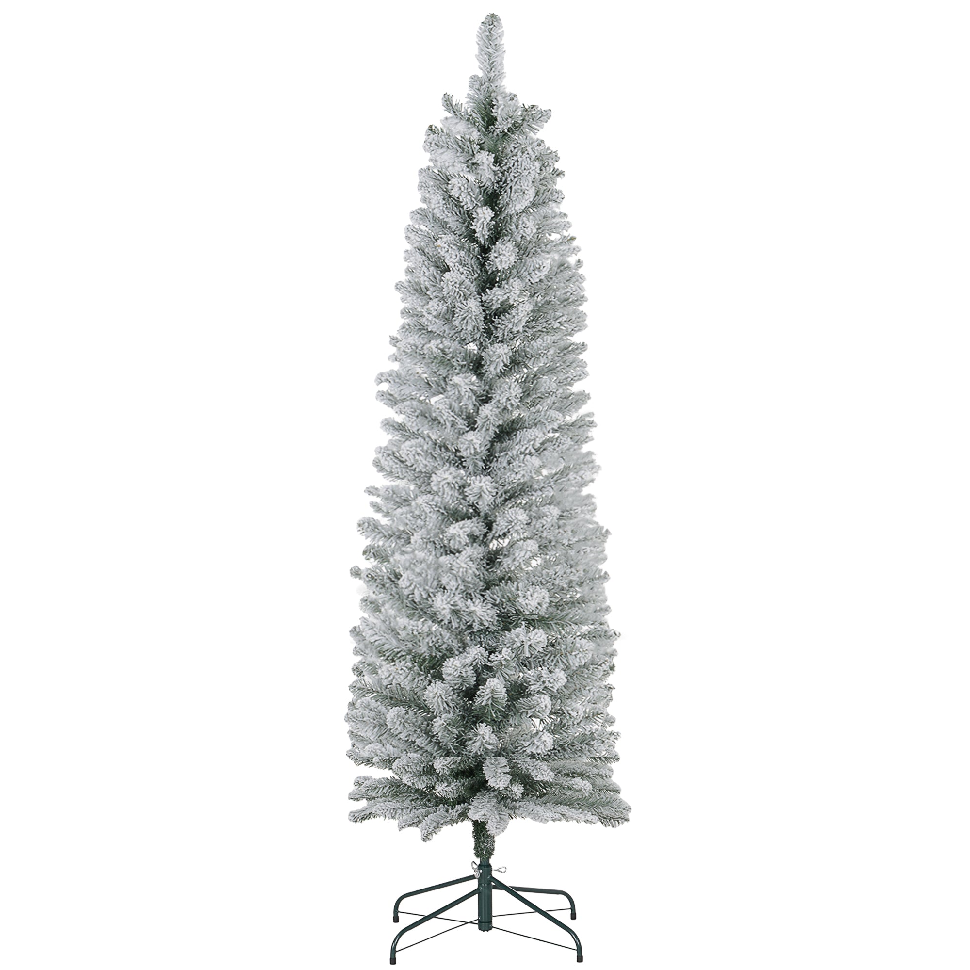 HOMCOM 5ft Snow Flocked Pencil Christmas Tree - Realistic Green Artificial Xmas Tree with Metal Base, Flame-Retardant Branches, Perfect for Small Spaces &amp; Foyers